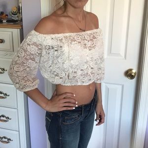 White Lace Off the Shoulder Crop Top
